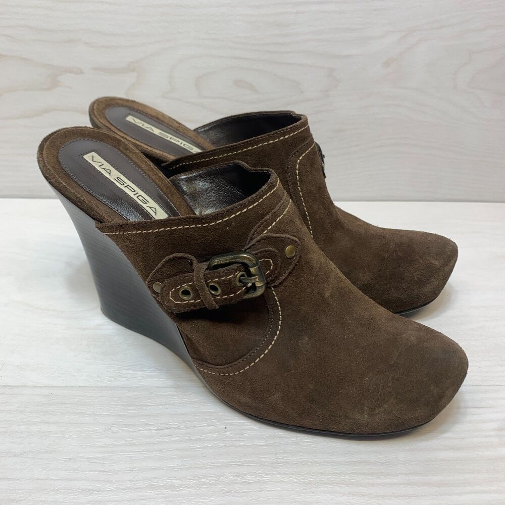Via Spiga Wedge Clogs Women's Size 10M Brown Suede Buckle Straps Round Toe